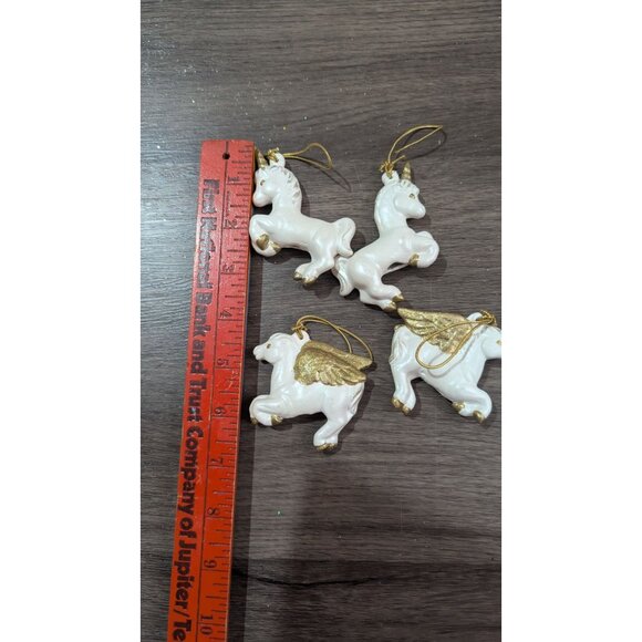White Unicorn & Pegasus Christmas Ornaments Set Of 4 Glitter Gold Accents 3.5" - Picture 4 of 4